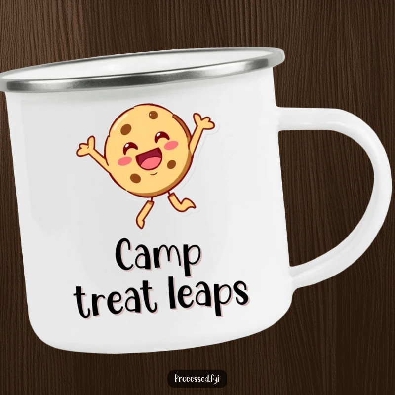 Funny cookie character, beaming and leaping joyfully. A durable mug for outdoor enjoyment and sweet sips.