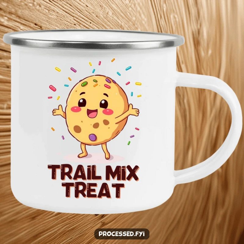 Funny camping mug showing a happy anthropomorphic cookie juggling colorful sprinkles, ready for outdoor fun and sweet sips.