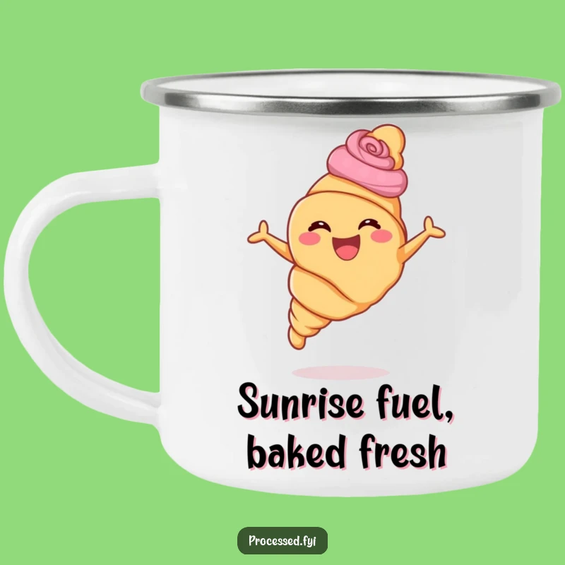 Funny Croissant Leaping Enamel Camping Mug: Adventure with Pastry Spirit