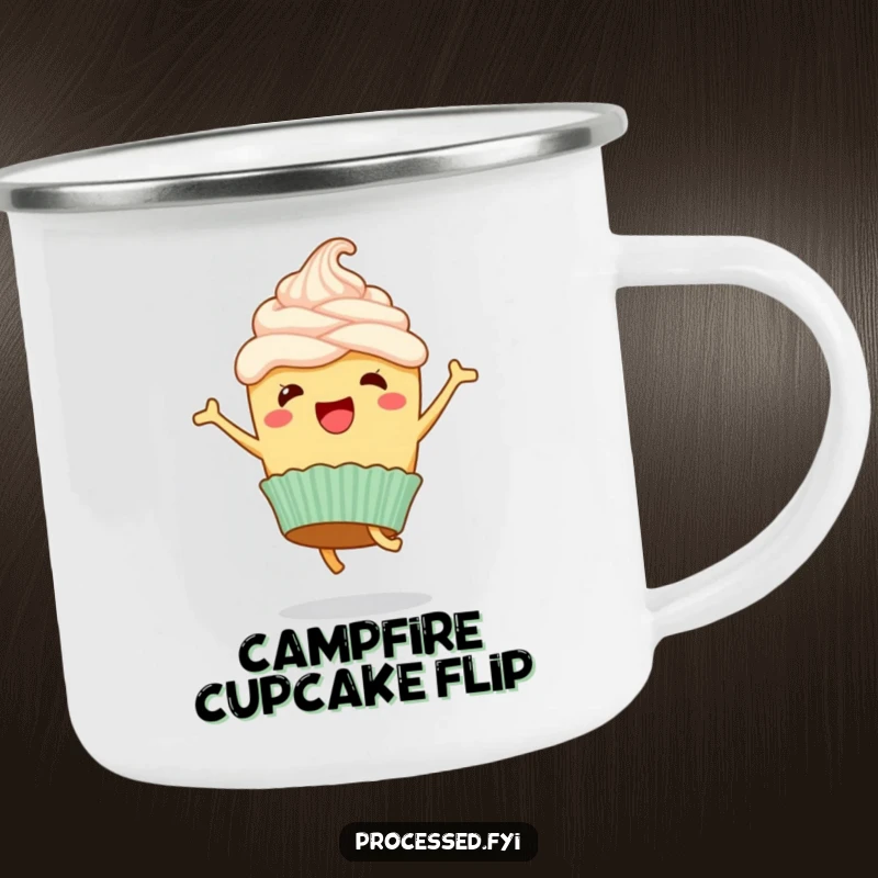 Funny camping mug with a happy cupcake and frosting, captured mid-cartwheel with pure, energetic, sweet delight.