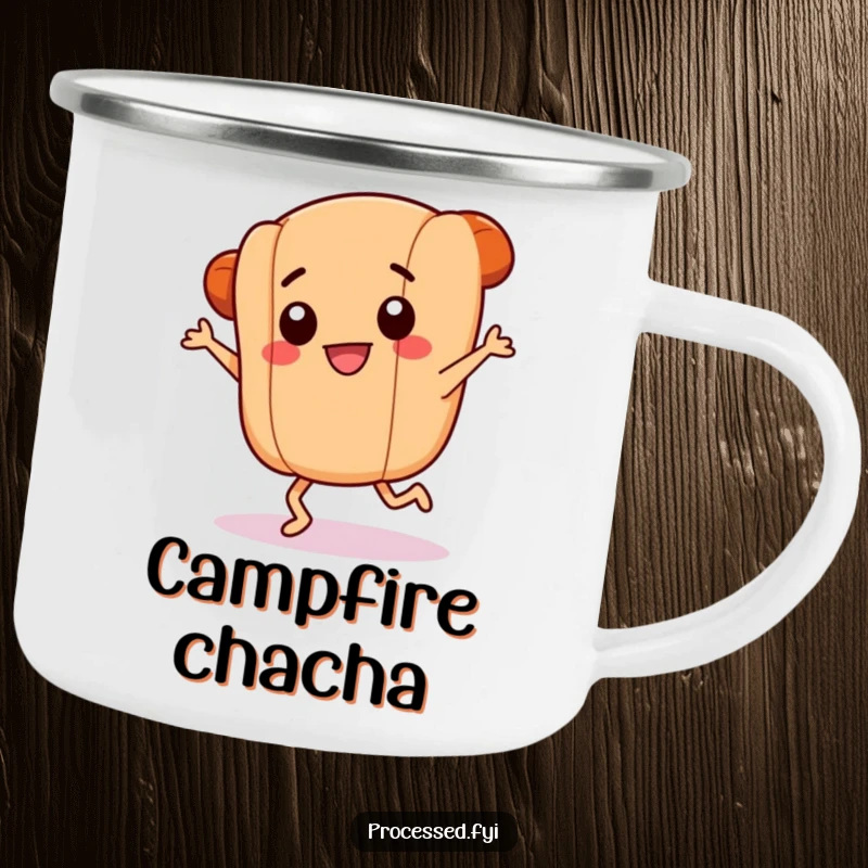 Funny camping mug featuring a smiling hotdog link with tiny legs in a frantic dance, built for outdoor fun and adding a touch of culinary humor.