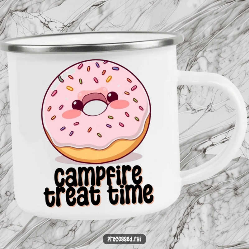 Funny plump donut with blush and sprinkles bouncing enthusiastically, a humorous and durable camping mug.