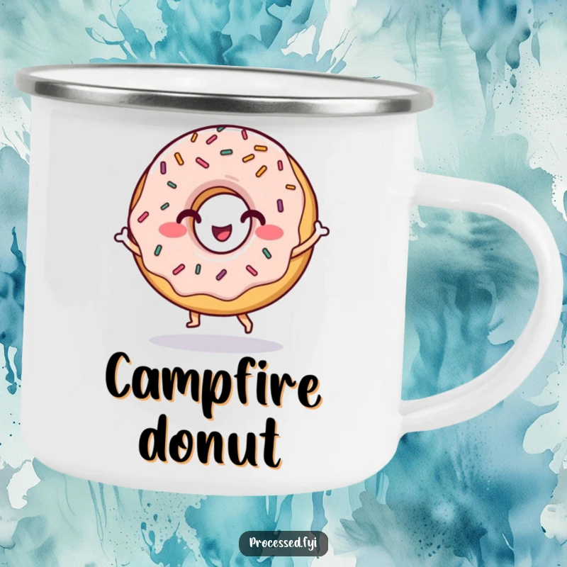 Funny camping mug with a grinning donut character dancing with sprinkles, humorous for outdoor use and gifts.