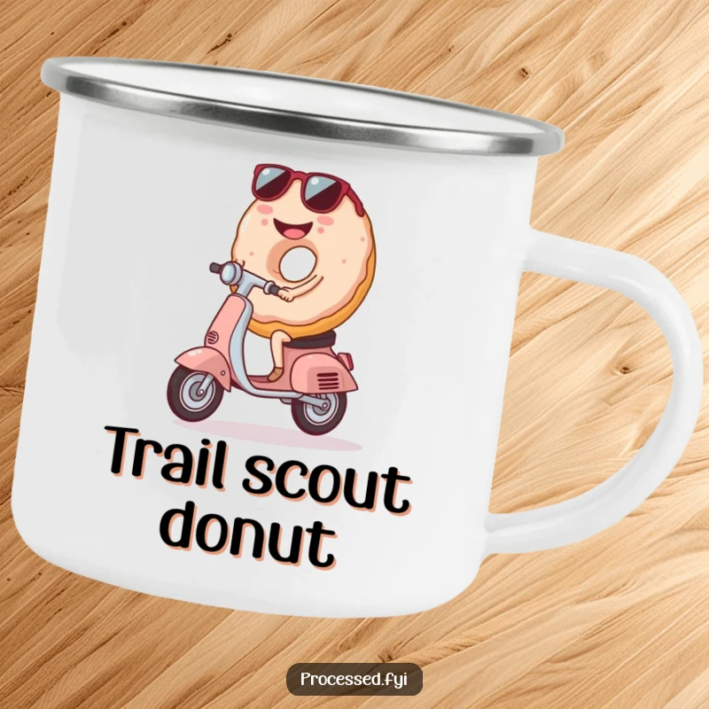 Funny Donut Scooter Camping Mug, a cool donut with shades on a scooter, perfect for outdoor fun and beverages.