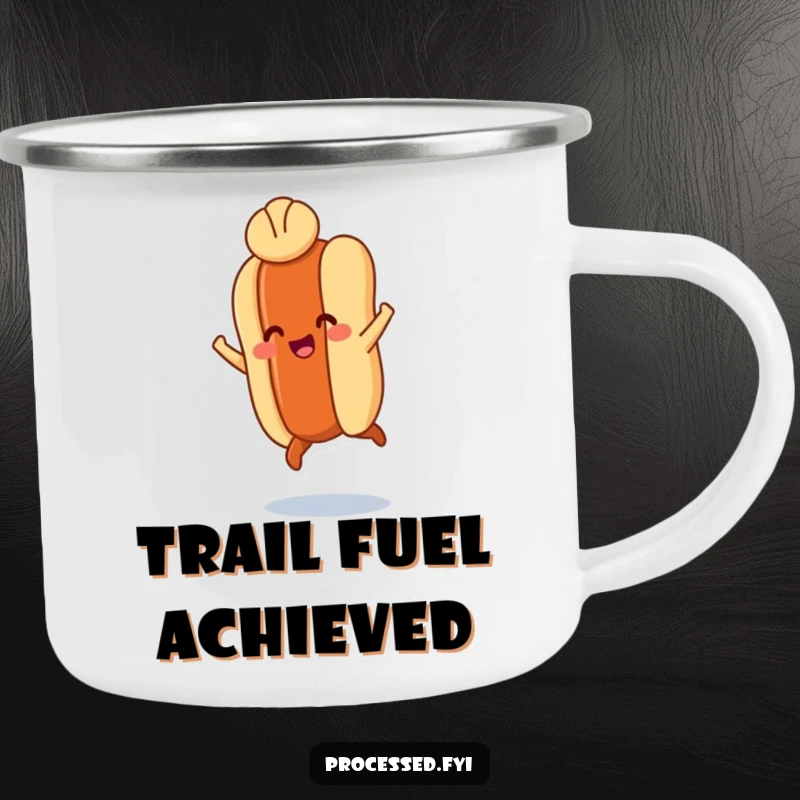 Funny camping mug with a smiling hot dog leaping with tiny legs, a bun on its head, perfect for outdoor enjoyment.