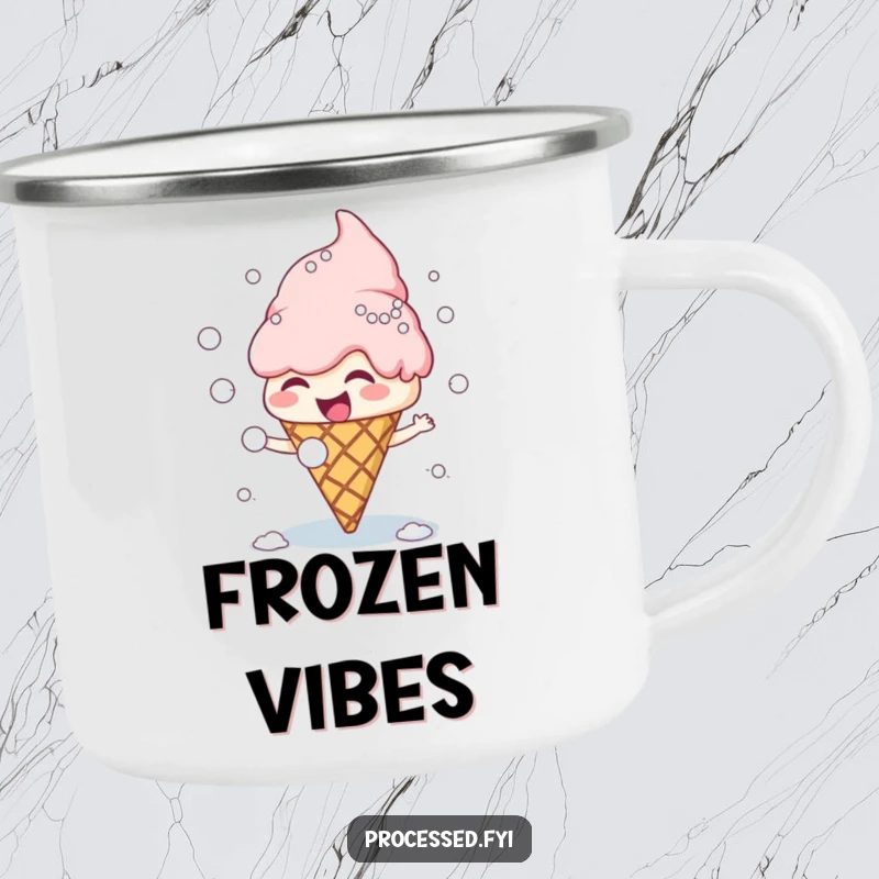 Funny giggling ice cream cone character and scoops in a playful snowball fight, designed for rugged outdoor adventures.