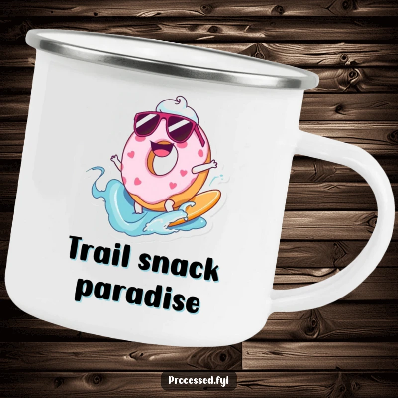 Funny camping mug with a cartoon donut wearing sunglasses, surfing a frosting wave, for outdoor fun.