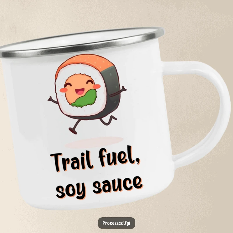 Funny leaping sushi roll camping mug depicting a happy, anthropomorphic sushi roll with stick legs ready for any outdoor escapade, adding humor.