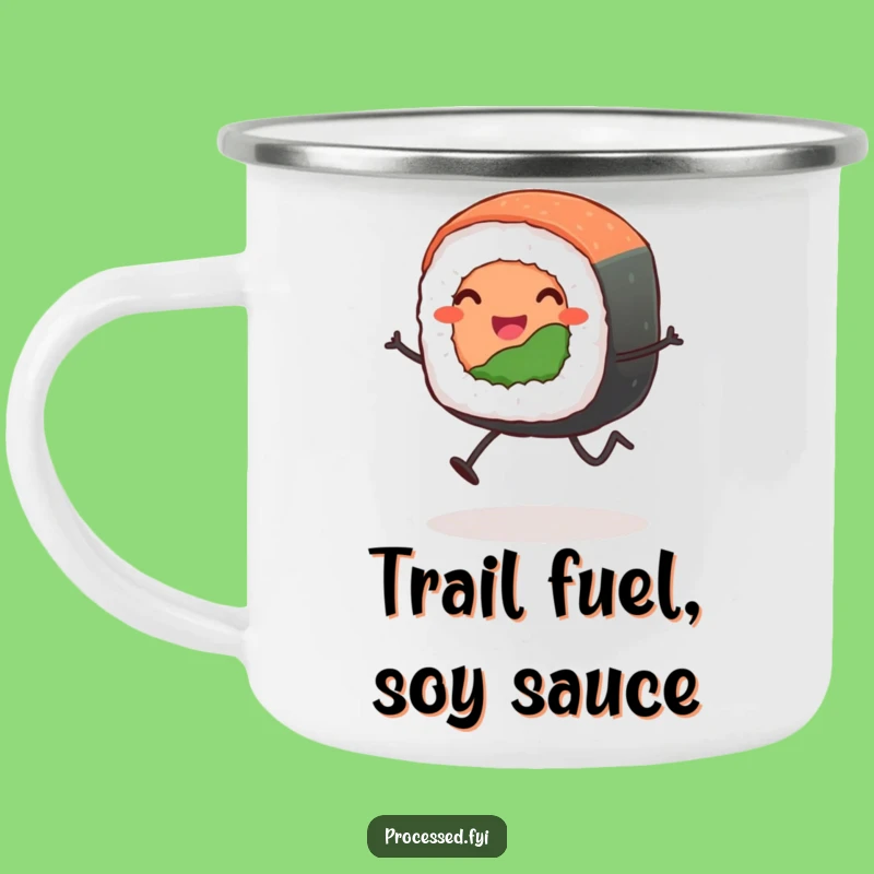 Funny Leaping Sushi Roll Camping Mug: Adventure-Ready Cartoon Coffee Cup