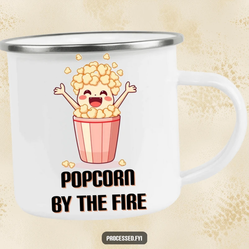 Funny Camping Mug displaying a jubilant popcorn bag leaping from its container, ready for outdoor movie snacks.