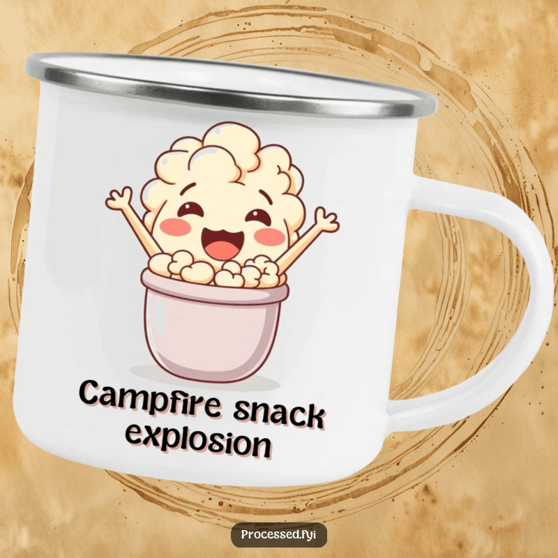 Funny, jovial popcorn character popping from a tiny pot, ready for your outdoor beverage. A durable and cheerful mug.