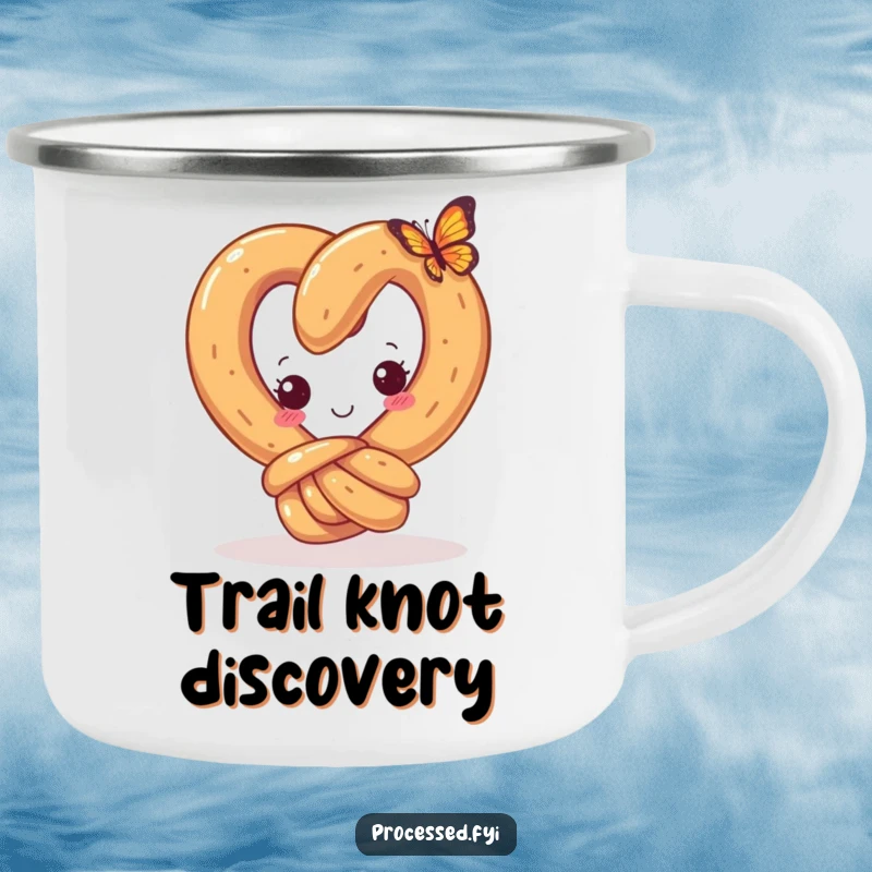 Funny camping mug with a curious pretzel and a happy knot, looking at a tiny butterfly, perfect for enjoying drinks outdoors.