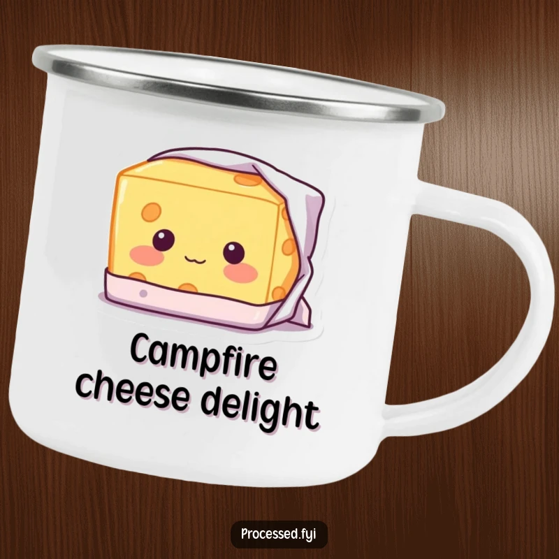 Funny Shy Cheese Camping Mug: A blushing block of cheese with a shy smile, peeking from its wrapper by a campfire.