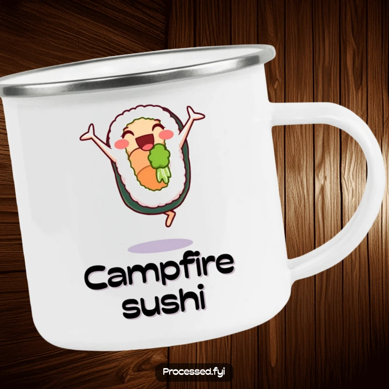 Funny camping mug with a delighted sushi roll doing cartwheels, durable and humorous for outdoor use and gifts.