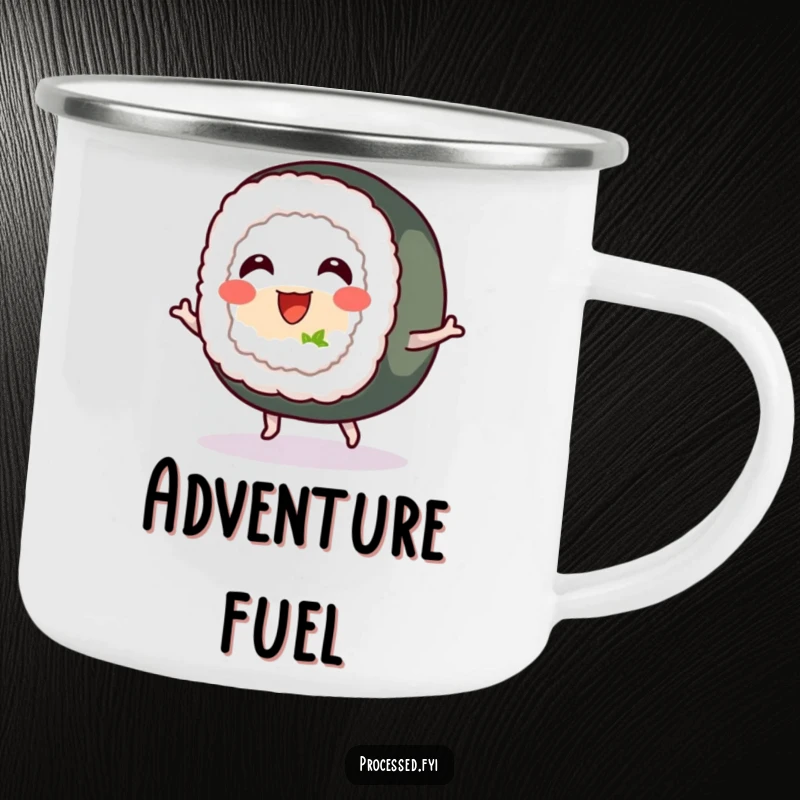 Funny enamel camping mug featuring a cheerful sushi roll with tiny feet, bouncing happily, perfect for outdoor adventures and gifts.