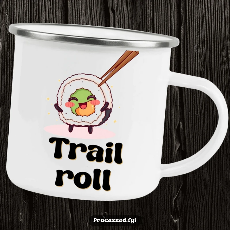 Funny Sushi Roll Camping Mug featuring a spinning character, built for adventure and adding a humorous touch to outdoor drinks.