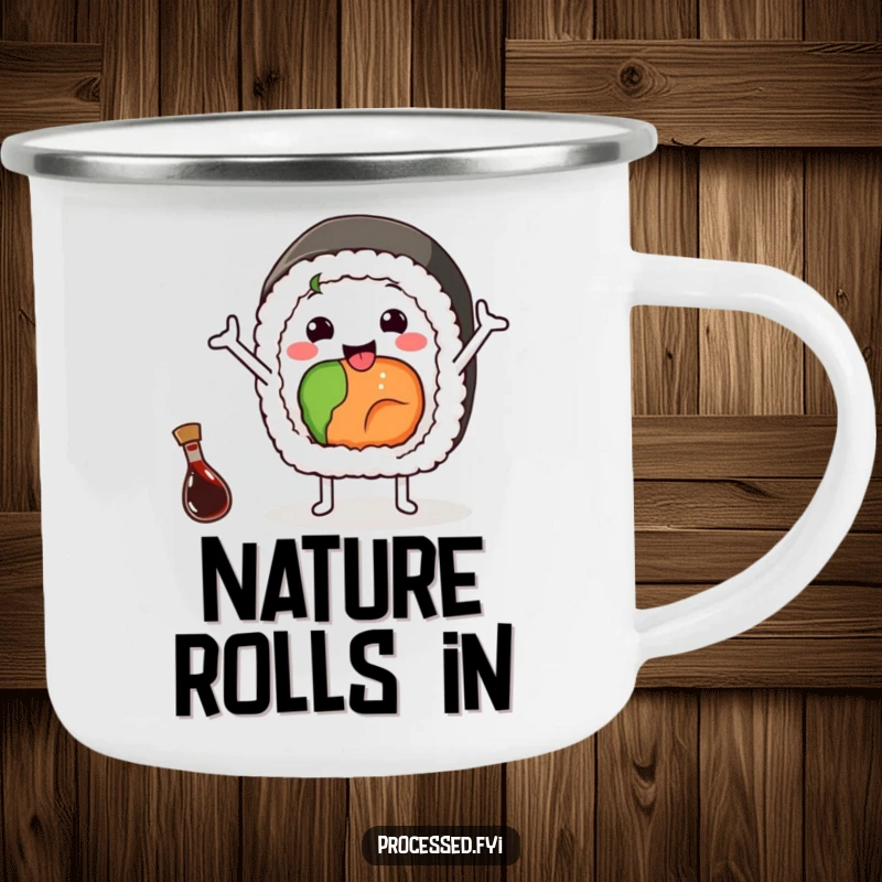 Funny camping mug with a cheerful sushi roll waving happily, a tiny soy sauce bottle nearby, durable for outdoor use