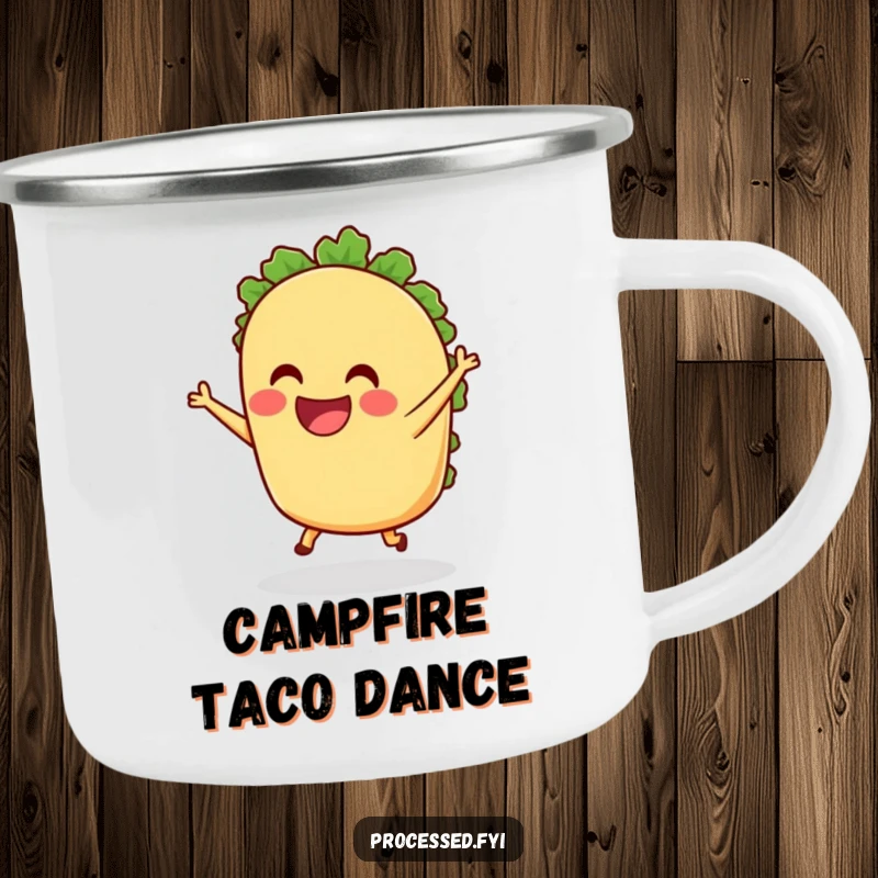 Funny anthropomorphic Taco Camping Mug grinning and dancing with tiny legs, perfect for enjoying drinks outdoors with a dose of festive food humor.