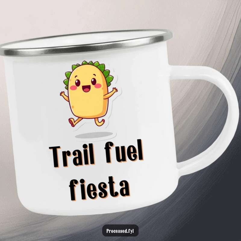 Funny taco camping mug, a smiling anthropomorphic food character with legs, joyfully skipping.