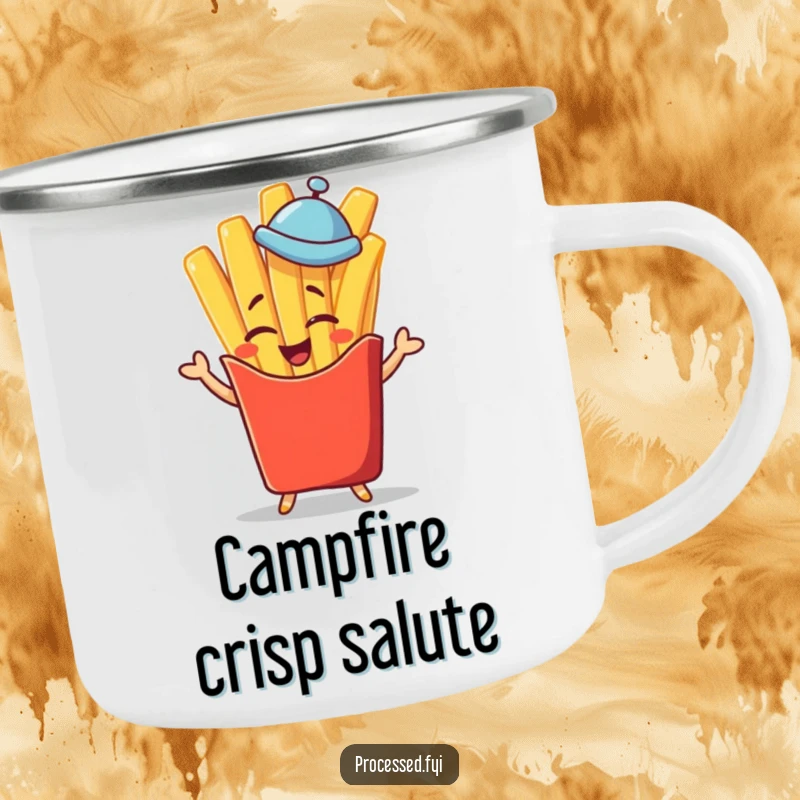 Funny winking french fry character in a tiny hat giving a jaunty salute, a sturdy enamel mug for outdoor fun.