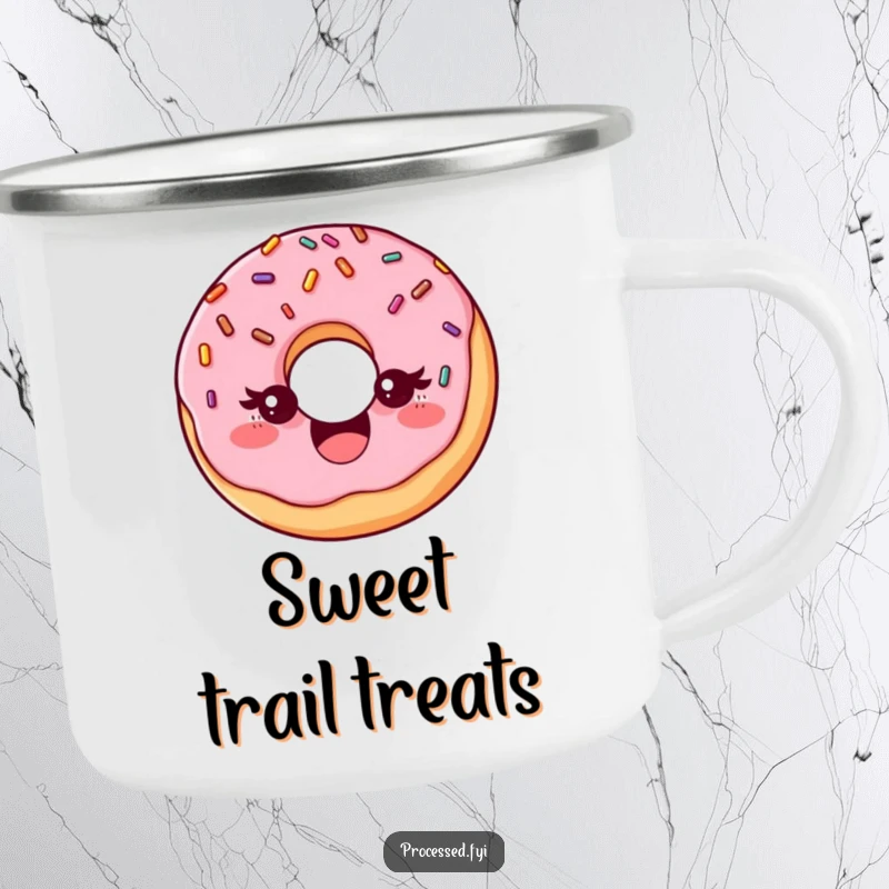 Funny enamel camping mug featuring a delighted donut with sprinkles, playfully winking, perfect for outdoor trips and sweet gifts.