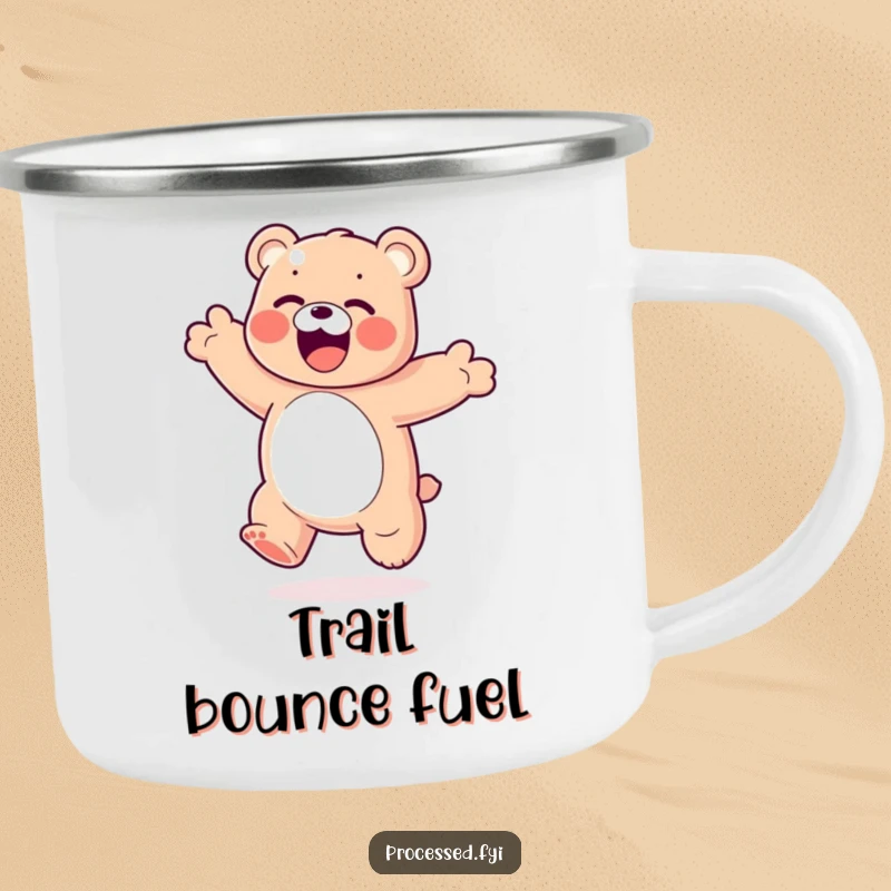 Funny Gummy Bear Camping Mug: A bouncy, colorful gummy bear performing an exaggerated, happy somersault near a campfire.