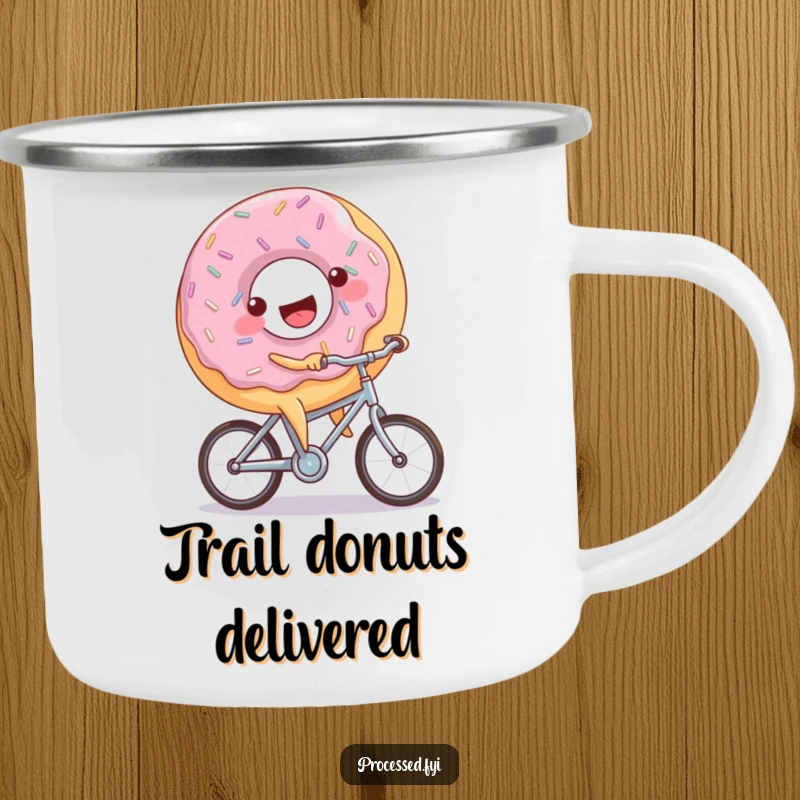Funny donut bicycle camping mug with a joyful, sprinkled donut character happily riding a small bicycle, perfect for outdoor enjoyment.