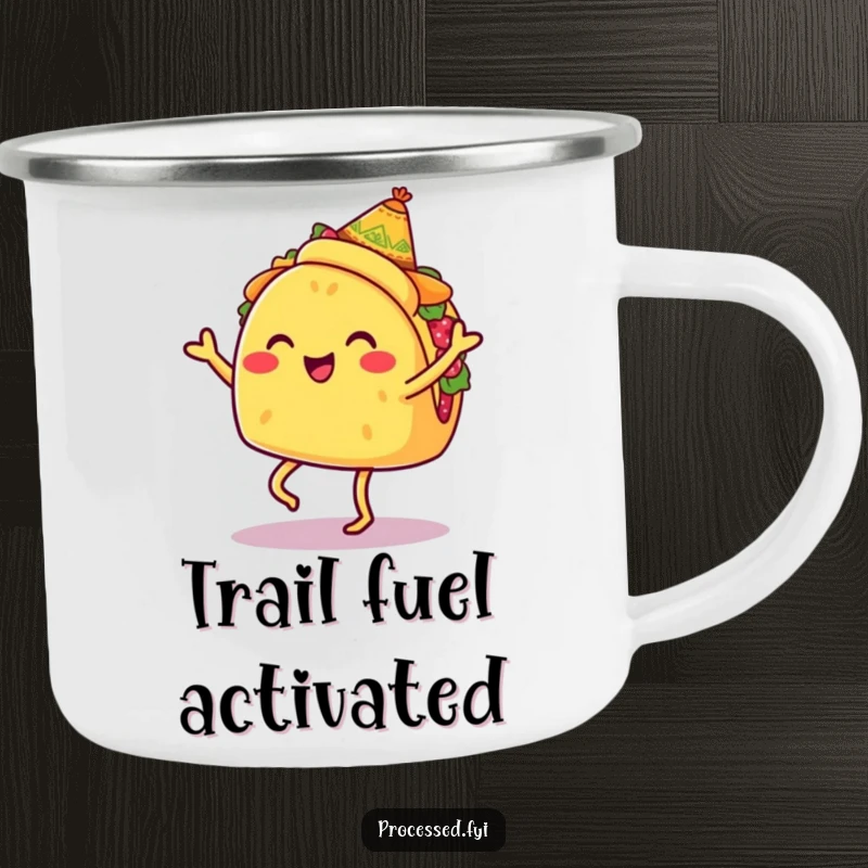 Funny camping mug featuring a smiling taco with legs, wearing a tiny sombrero, doing a jig, durable for outdoor use