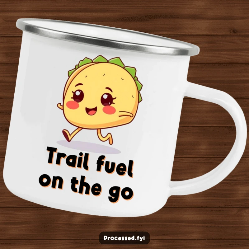 Funny smiling taco with tiny legs jogging determinedly, a humorous and durable camping mug.