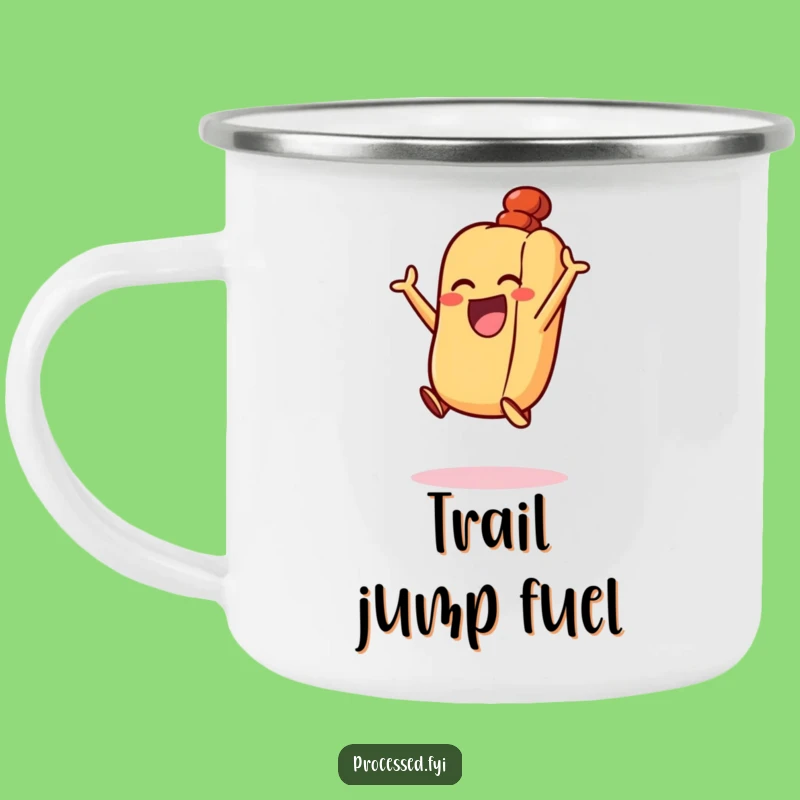 Funny Excited Hot Dog Camping Mug: Trail Jump Treat - An Adventurous Funny Gift!