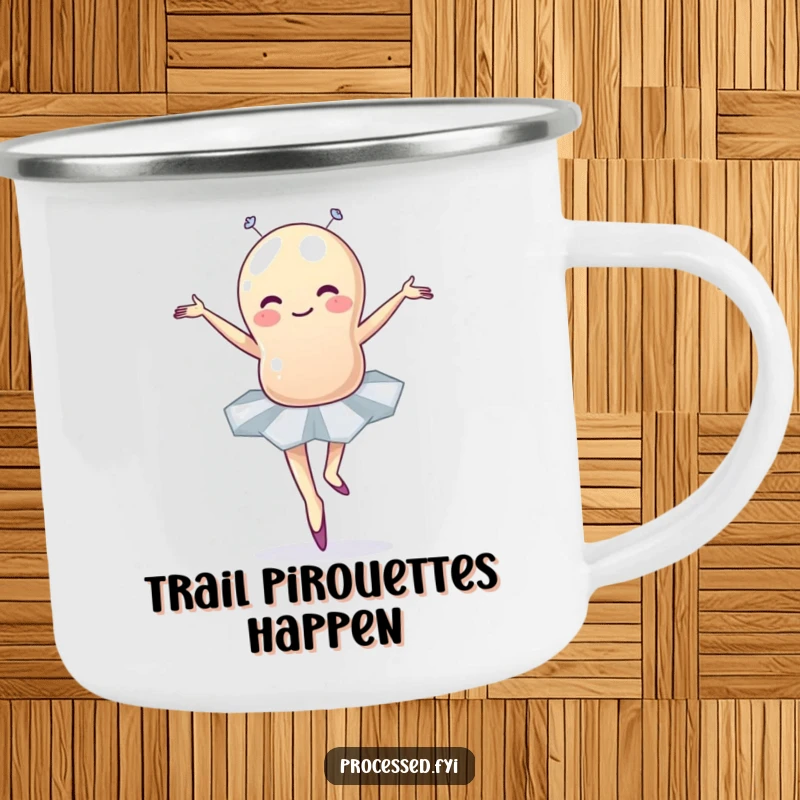 Funny jellybean ballet camping mug showing a wobbly character in a tutu, ready for outdoor fun and laughter.