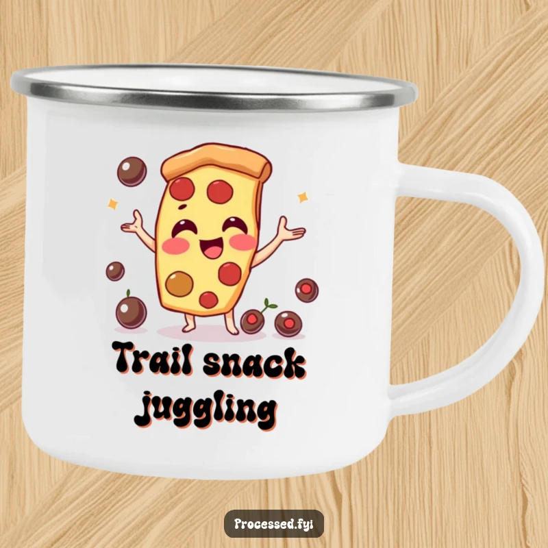 Funny pizza slice character, juggling olives with a smile. A durable mug for outdoor enjoyment.