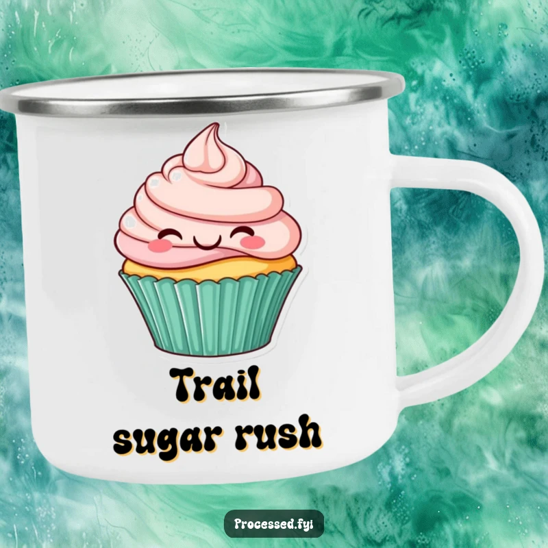 Funny camping mug with a cheerful, hopping cupcake, ideal for outdoor breakfasts and spreading morning cheer.