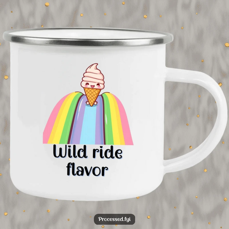 Funny camping mug with a joyful ice cream cone sliding down a rainbow slide, perfect for enjoying drinks in nature.