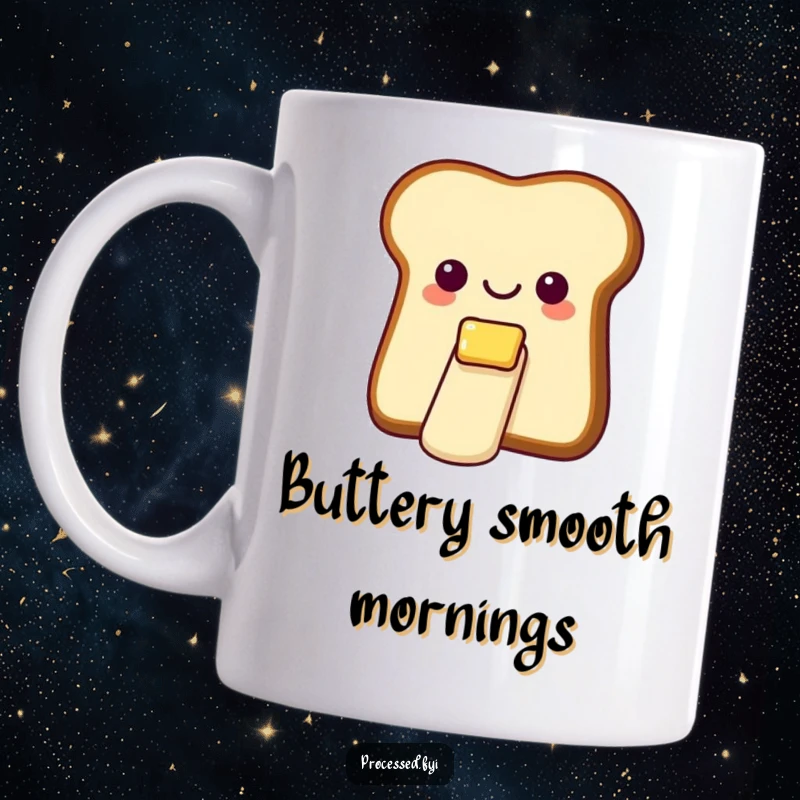 Funny mug featuring a cheerful bread slice with butter, gleefully sliding down a tiny, smooth butter slide.
