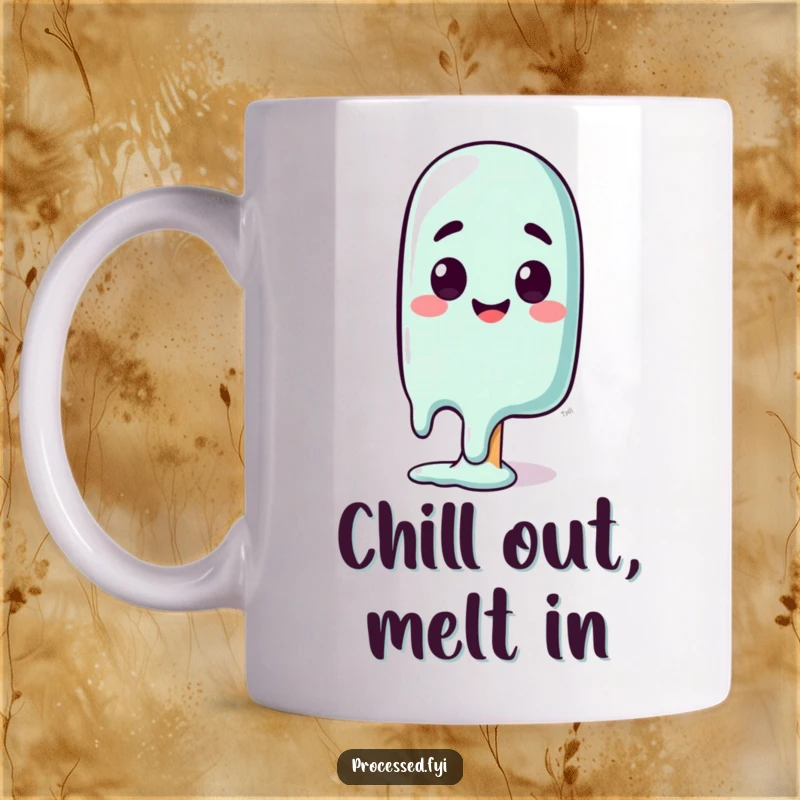 Funny mug showing a cute popsicle character melting slightly, with a happy and surprised expression, evoking summer fun.