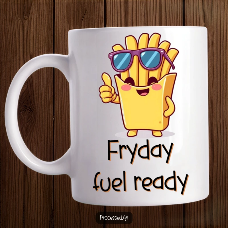 Funny mug with a cheeky french fry wearing sunglasses and giving a thumbs-up, radiating a cool and humorous vibe.