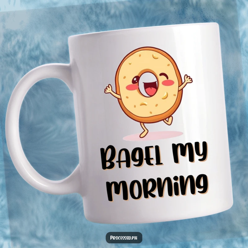 Funny mug featuring an energetic bagel with cream cheese, enthusiastically tapping its feet, cheerful and fun