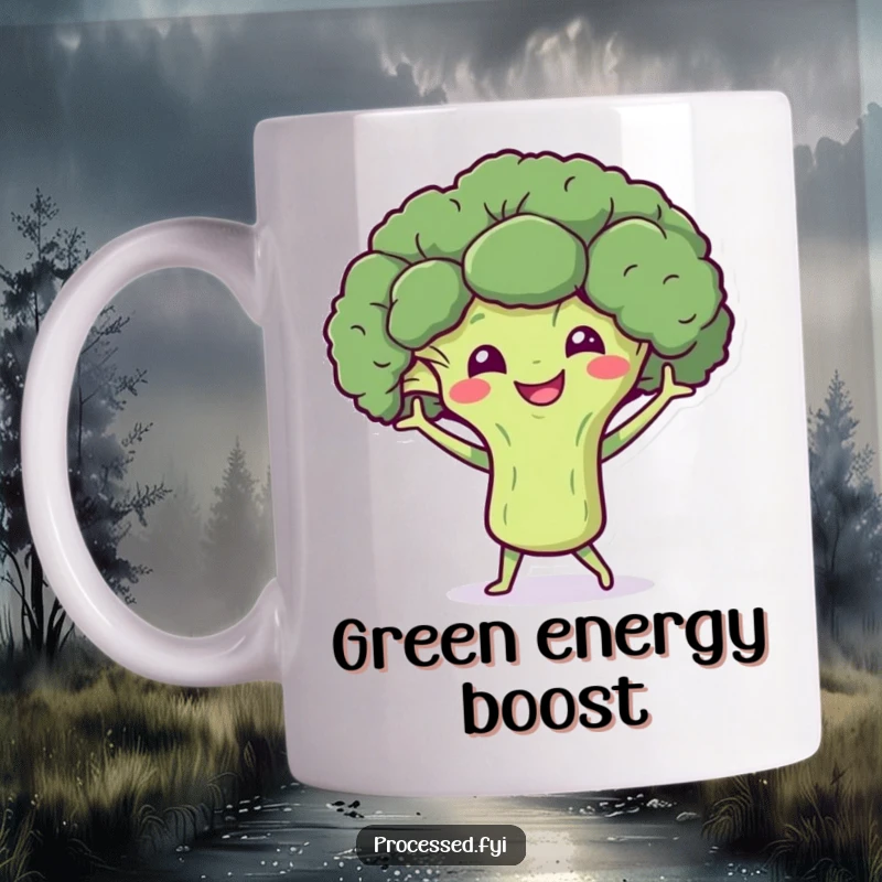 Funny mug featuring a smiling broccoli character doing a joyful little dance with tiny arms, exuding pure happiness and healthy vibes.