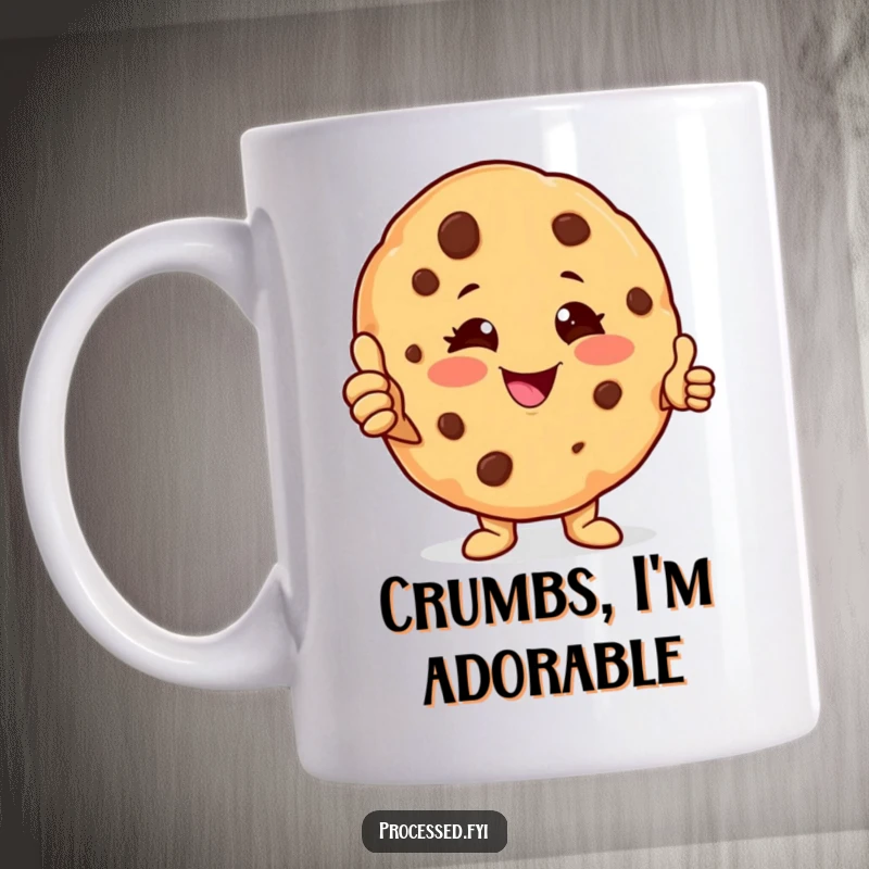 Funny cookie mug with a winking anthropomorphic cookie giving a thumbs-up, radiating cheerful and positive vibes for a happy morning.