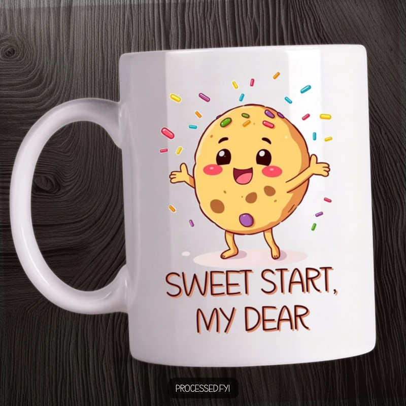Funny mug featuring a happy anthropomorphic cookie juggling colorful sprinkles with infectious excitement and sweet delight.
