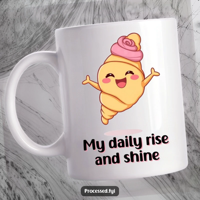Funny croissant mug with pastry swirls leaping joyfully, embodying pure happiness and a love for baked goods.