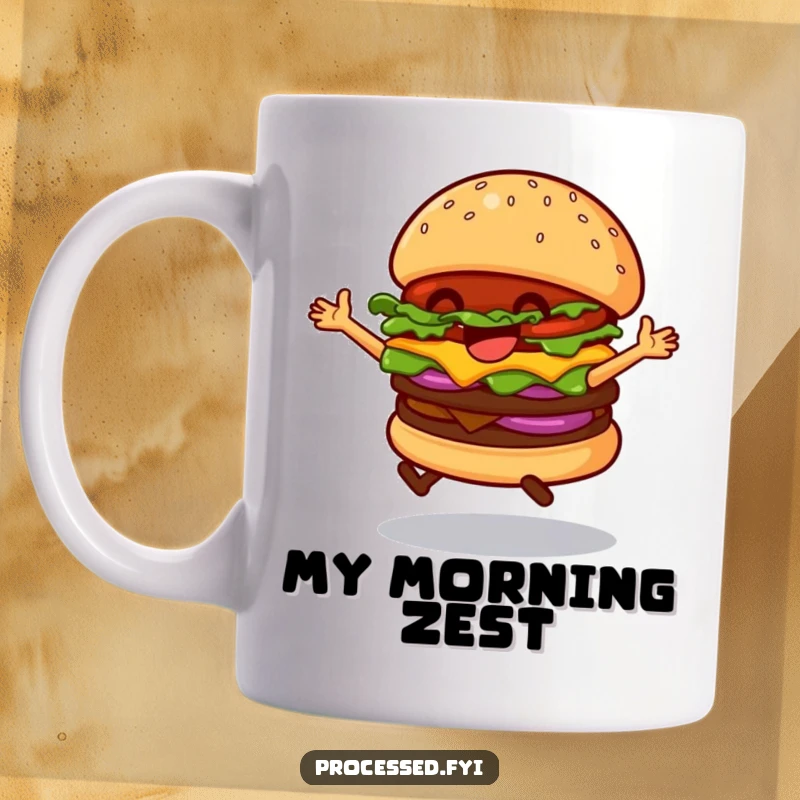 Funny Dancing Hamburger Mug, a joyful burger bouncing energetically on its bun, radiating happiness and delicious fun.