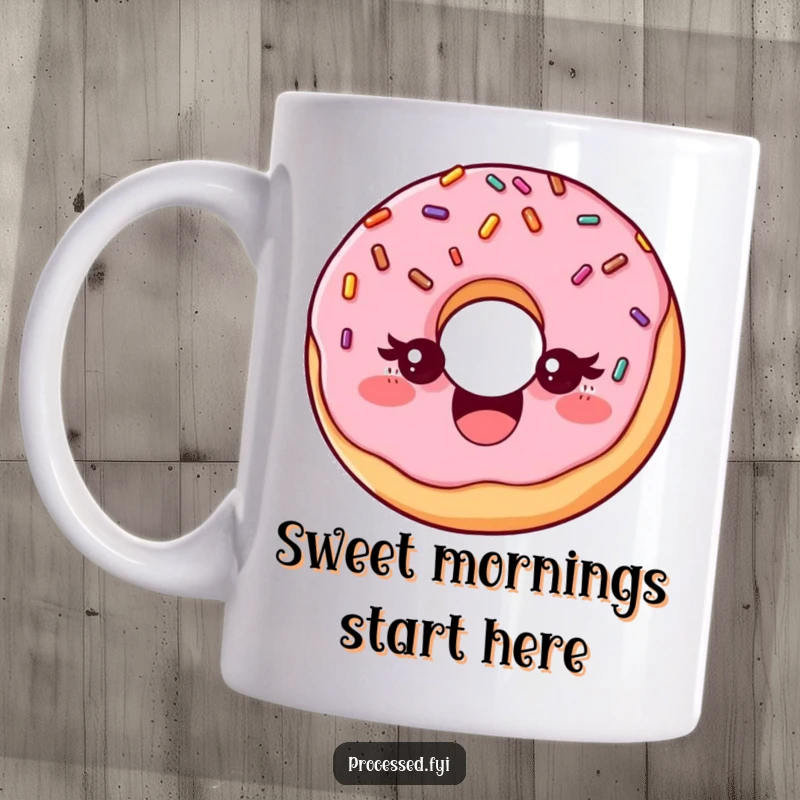 Funny mug featuring a delighted donut with sprinkles, playfully winking with a charming expression, a perfect sweet treat gift.