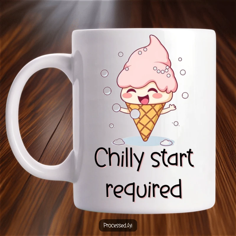 Funny ice cream cone character laughing while throwing snowballs, with multiple scoops participating in a playful snowball fight.