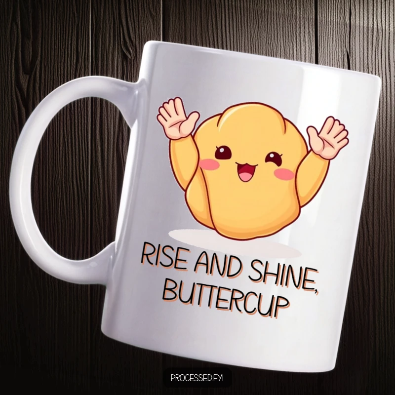 Funny mug showcasing a happy croissant with arms waving enthusiastically, radiating warmth and breakfast cheer.