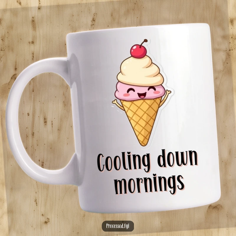 Funny mug featuring a smiling ice cream cone with a cherry, happily shimmying with pure, frozen, delightful joy.