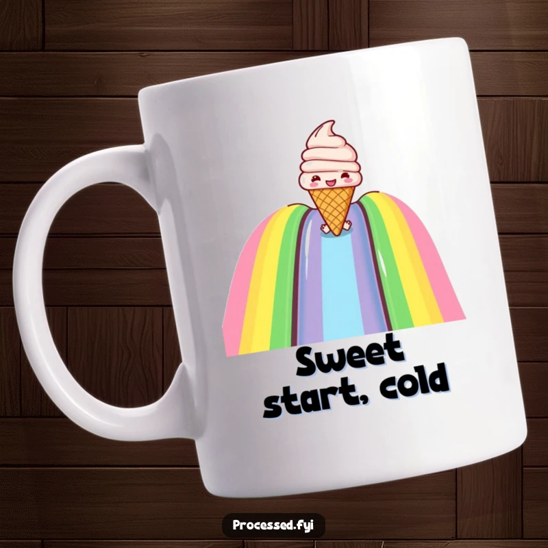 Funny mug with a joyful ice cream cone happily sliding down a vibrant rainbow slide, embodying pure, sweet delight.