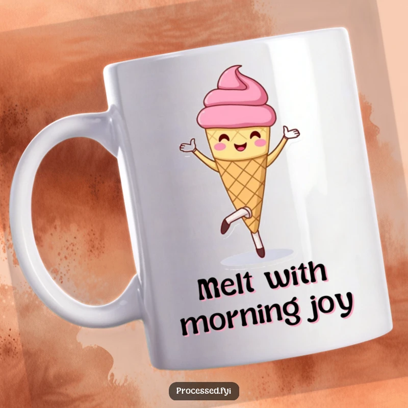 Funny mug showcasing a happy anthropomorphic ice cream cone performing a graceful pirouette. A sweet and cheerful design.