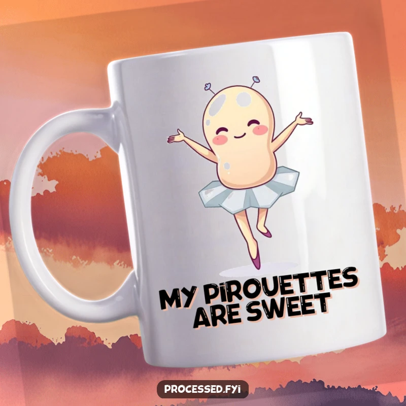 Funny jellybean ballerina mug with a wobbly character in a tutu striking a ballet pose, offering a humorous and artistic design.